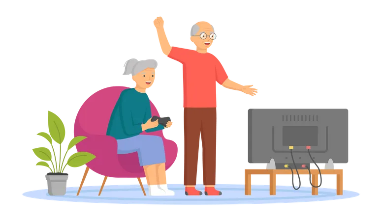 Couple de personnes âgées applaudissant et jouant à un jeu vidéo  Illustration