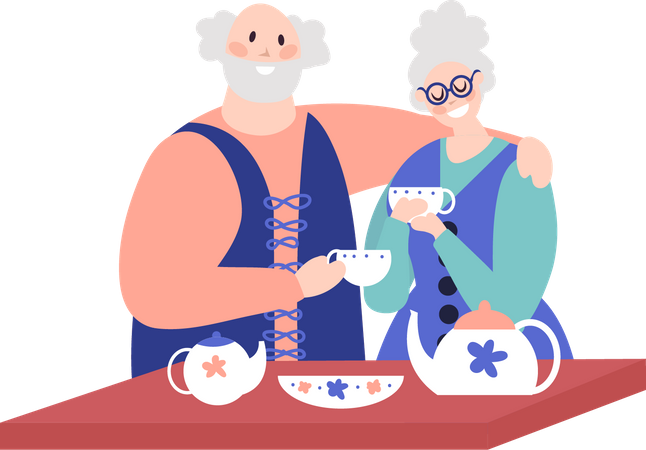 Couple de personnes âgées buvant du café  Illustration