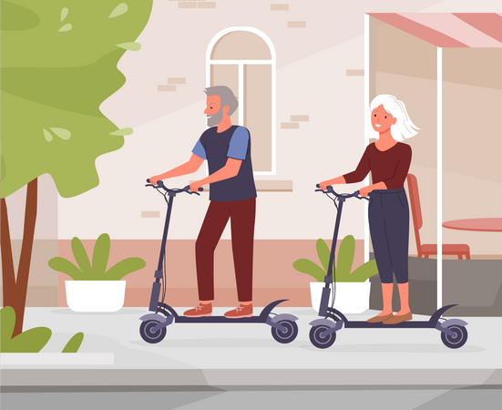 Vieux couple âgé faisant du scooter électrique en ville  Illustration