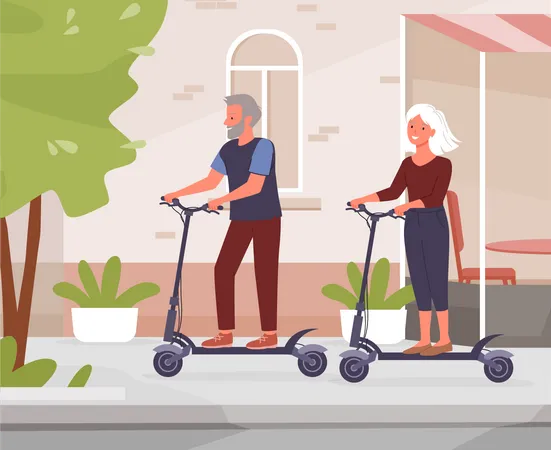 Vieux couple âgé faisant du scooter électrique en ville  Illustration
