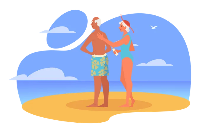 Couple âgé, debout, ensemble, sur, plage  Illustration