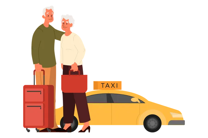 Couple de personnes âgées attendant un taxi  Illustration