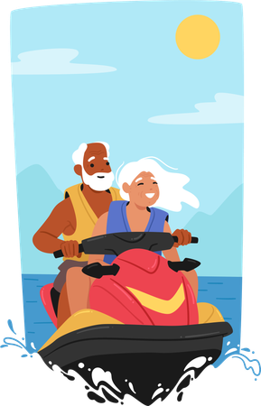 Couple de personnes âgées faisant du jet ski en mer  Illustration