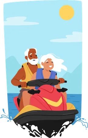 Couple de personnes âgées faisant du jet ski en mer  Illustration