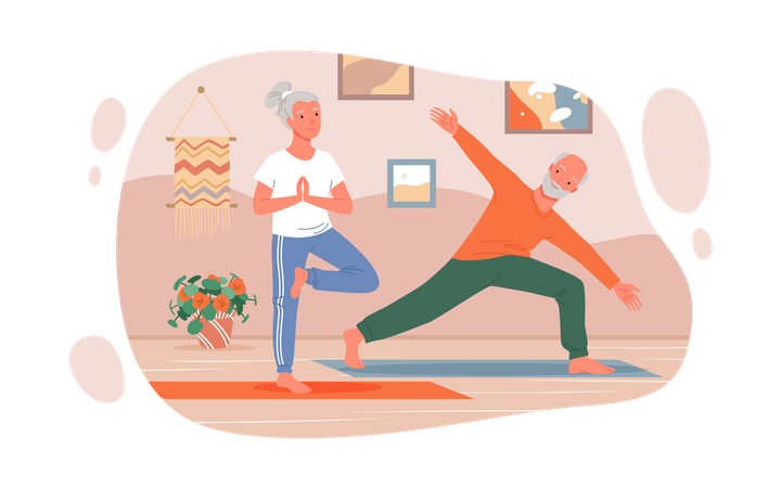 Couple de personnes âgées faisant du yoga  Illustration