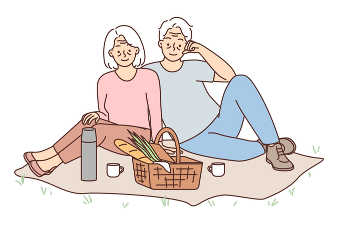 Couple de personnes âgées faisant un pique-nique  Illustration