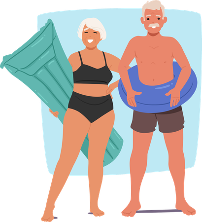 Couple de personnes âgées joyeux en maillot de bain et tenant des bouées gonflables  Illustration