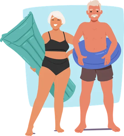 Couple de personnes âgées joyeux en maillot de bain et tenant des bouées gonflables  Illustration