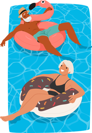 Joyeux couple de personnes âgées se relaxant dans la piscine sur des bouées gonflables en forme de beignet et de flamant rose  Illustration