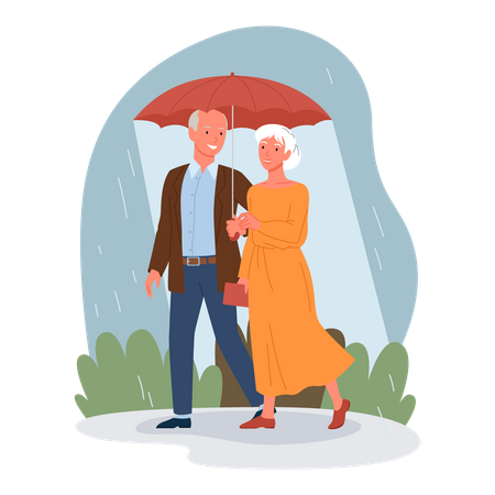 Couple âgé marchant avec un parapluie  Illustration