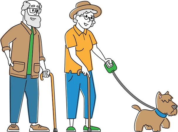 Couple de personnes âgées marchant avec un chien  Illustration