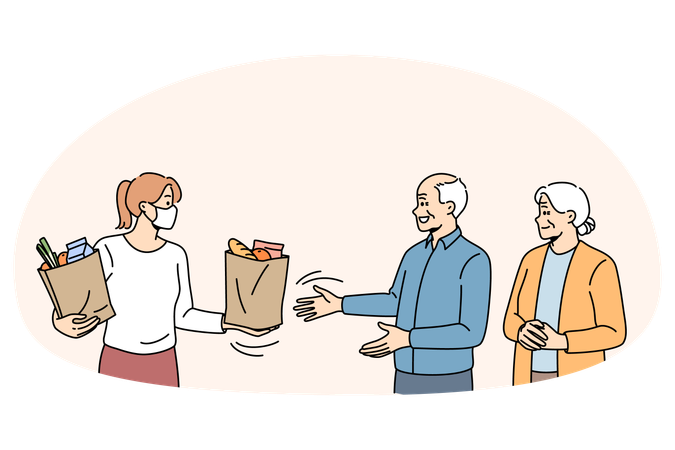Un couple de personnes âgées debout reçoit un colis alimentaire d'une messagère pendant la pandémie  Illustration