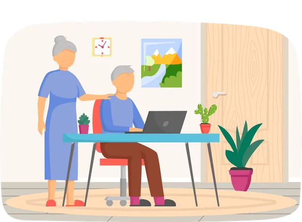 Couple de personnes âgées regardant un chat vidéo travaillant avec un ordinateur portable  Illustration