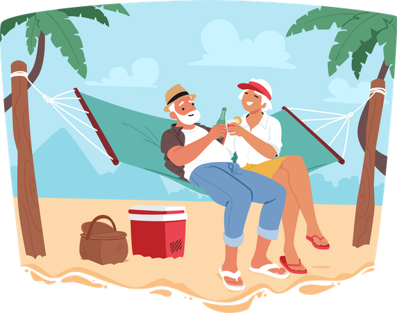 Couple de personnes âgées se relaxant dans un hamac sur une plage tropicale  Illustration