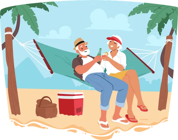 Couple de personnes âgées se relaxant dans un hamac sur une plage tropicale  Illustration