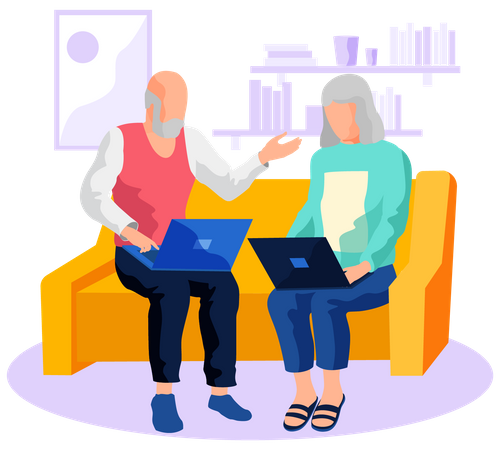 Couple de personnes âgées travaillant sur un ordinateur portable  Illustration