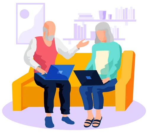 Couple de personnes âgées travaillant sur un ordinateur portable  Illustration