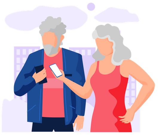 Couple de personnes âgées utilisant un mobile  Illustration