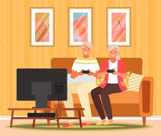 Couple de personnes âgées jouant à un jeu vidéo  Illustration