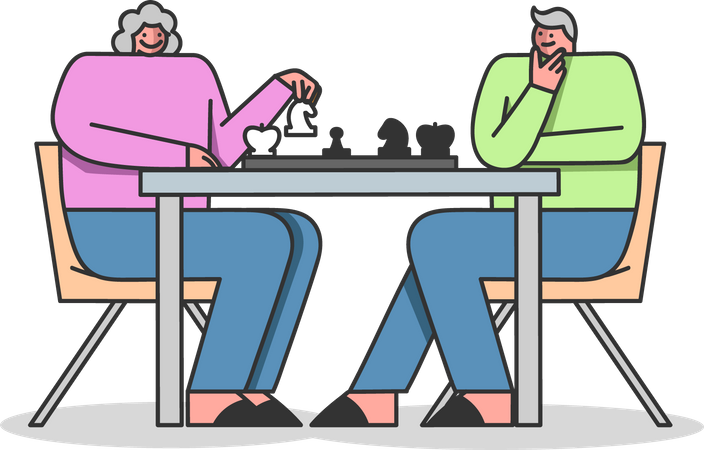 Couple de personnes âgées jouant aux échecs ensemble  Illustration