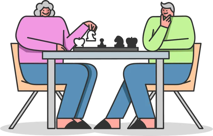 Couple de personnes âgées jouant aux échecs ensemble  Illustration