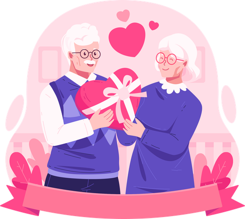 Couple de personnes âgées tenant ensemble une boîte-cadeau en forme de coeur  Illustration