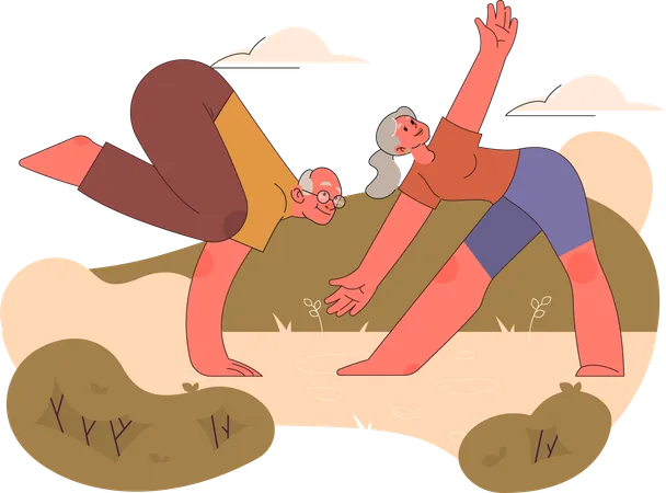 Couple de personnes âgées faisant du yoga dans le jardin  Illustration