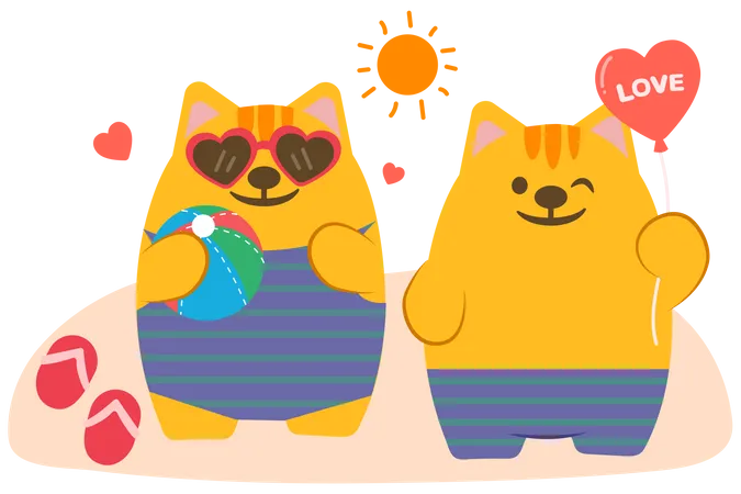 Un couple de tigres passe des vacances à la plage  Illustration