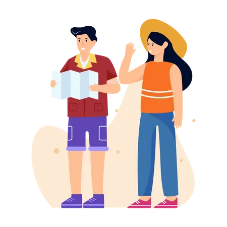 Couple de touristes essayant de trouver le chemin  Illustration