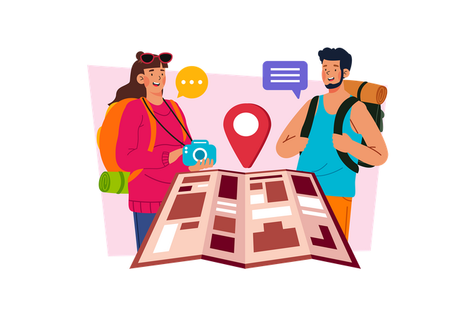 Couple de touristes recherchant de nouveaux endroits sur la carte  Illustration