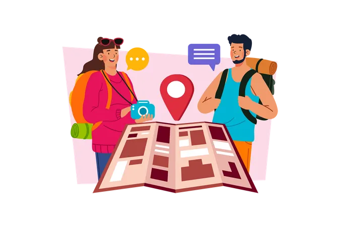 Couple de touristes recherchant de nouveaux endroits sur la carte  Illustration