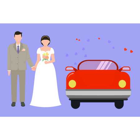 Couple debout à côté de la voiture de mariage  Illustration
