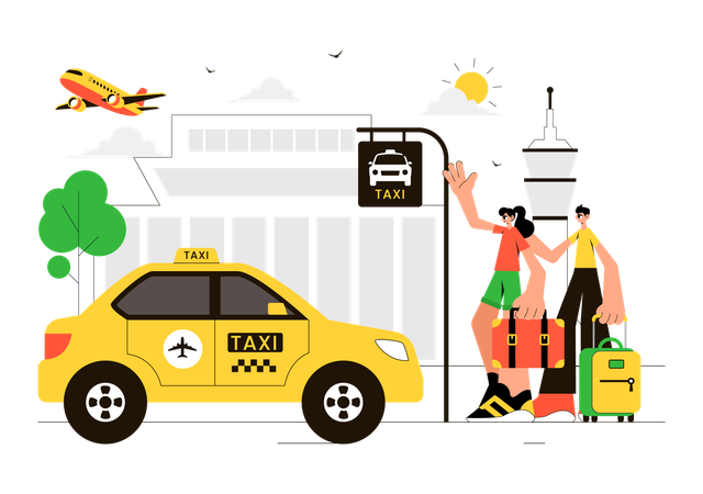 Couple debout à l'arrêt de taxi en allant à l'aéroport en taxi  Illustration