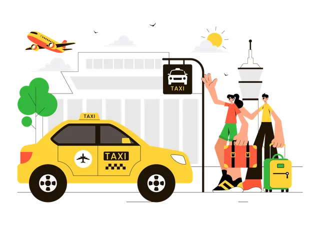 Couple debout à l'arrêt de taxi en allant à l'aéroport en taxi  Illustration