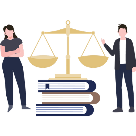 Couple debout avec des livres de droit et des échelles de justice  Illustration