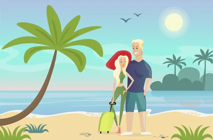 Couple debout ensemble à la plage  Illustration
