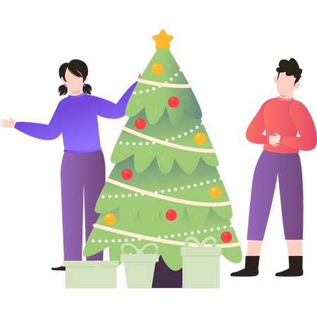 Couple debout près de l'arbre de Noël  Illustration