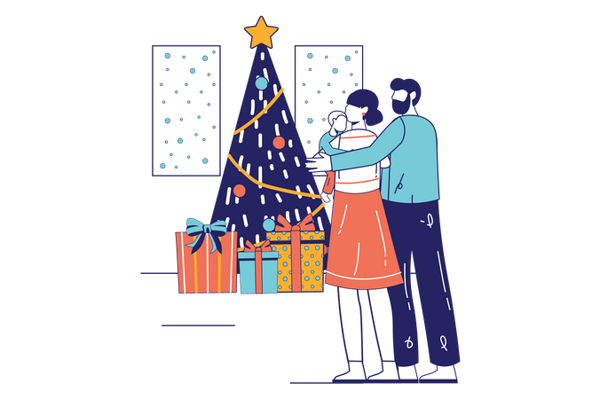 Couple debout près de l'arbre de Noël  Illustration