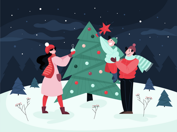 Couple debout près de l'arbre de Noël  Illustration