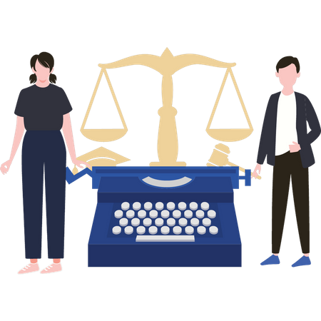 Couple debout près de la machine à écrire du tribunal  Illustration