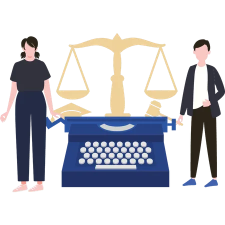 Couple debout près de la machine à écrire du tribunal  Illustration