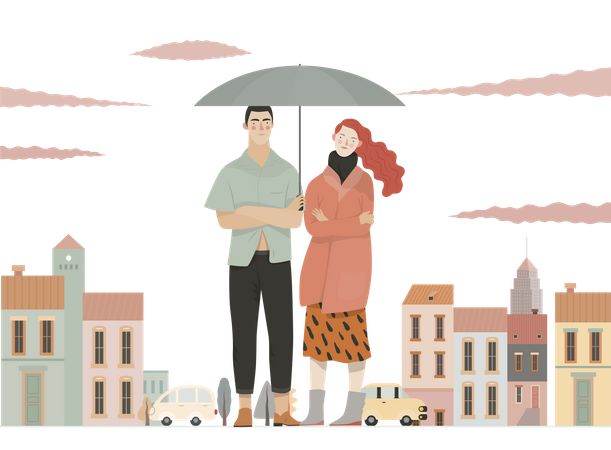 Couple debout sous la pluie tenant un parapluie  Illustration