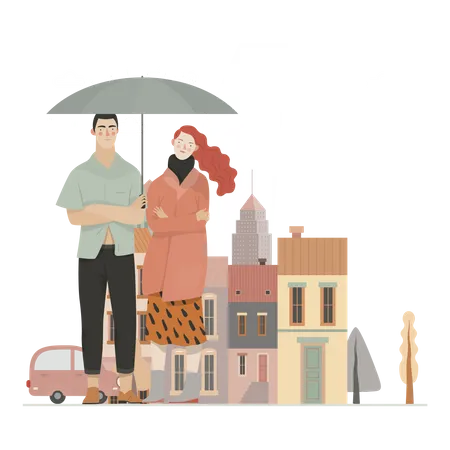 Couple debout sous la pluie tenant un parapluie  Illustration