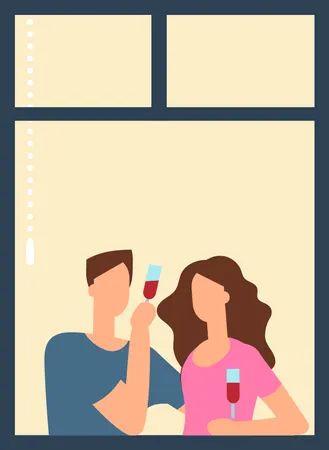 Couple debout sur la fenêtre et buvant de l'alcool  Illustration