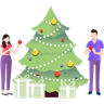 couple decorate christmas tree illustration