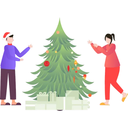 A Boy And A Girl Are Decorating A Christmas Tree Illustration