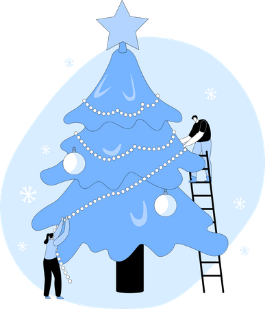 Couple Decorate Christmas Tree  Illustration