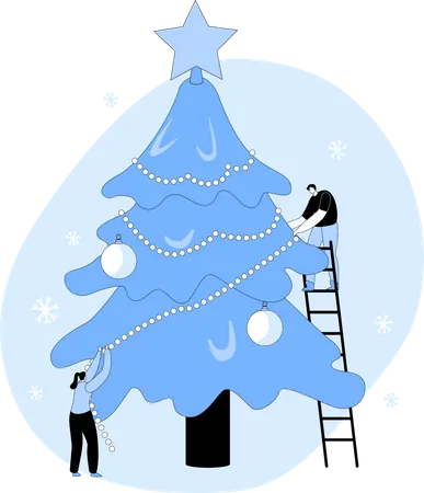 Happy Characters Decorate Christmas Tree Young Man And Woman On Ladder Hanging Garland Tiny Characters Couple Prepare For New Year Or Christmas Party Celebration At Home Cartoon Vector Illustration Illustration