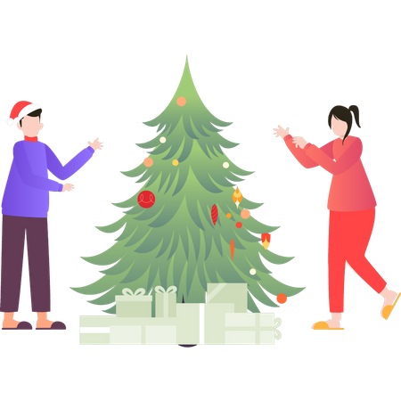 Couple decorate Christmas tree  Illustration