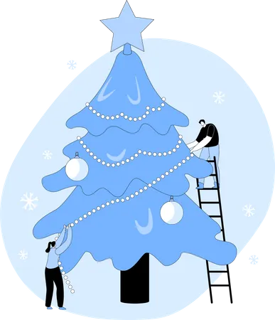 Couple Decorate Christmas Tree  Illustration